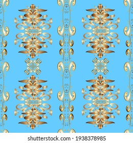 Christmas golden snowflake seamless pattern. Golden snowflakes on brown, beige and blue colors. Symbol holiday, New Year celebration vector golden pattern. Winter snow texture wallpaper.