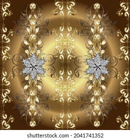 Christmas golden snowflake seamless pattern. Golden snowflakes on purple, brown and beige colors. Winter snow texture wallpaper. Symbol holiday, New Year celebration vector golden pattern.