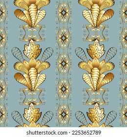 Christmas golden snowflake seamless pattern. Golden snowflakes on colors. Winter snow texture wallpaper. Symbol holiday, New Year celebration vector golden pattern.