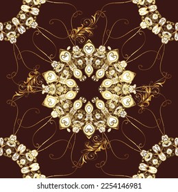 Christmas golden snowflake seamless pattern. Golden snowflakes on colors. Winter snow texture wallpaper. Symbol holiday, New Year celebration vector golden pattern.