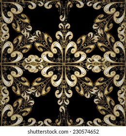 Christmas golden snowflake seamless pattern. Winter snow texture wallpaper. Golden snowflakes on black, brown and gray colors. Symbol holiday, New Year celebration vector golden pattern.