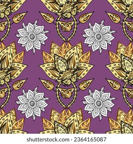 Christmas golden snowflake seamless pattern. Golden snowflakes on colors. Winter snow texture wallpaper. Symbol holiday, New Year celebration vector golden pattern. Violet. Doodles.