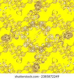 Christmas golden snowflake seamless pattern. Golden snowflakes on colors. Winter snow texture wallpaper. Symbol holiday, New Year celebration vector golden pattern. yellow.