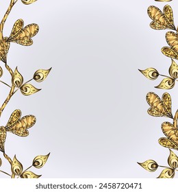Navidades copo de nieve de oro sin patrón. Copos de nieve dorados en colores agradables. Fondo de pantalla de textura de nieve invernal. Fiesta del símbolo, patrón dorado de la celebración del Año Nuevo del Vector. Hojas. Marco.