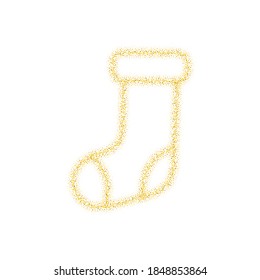 Christmas golden sock decoration of gold glitter shining sparkles on white transparent background. Vector glittering shine sock for Christmas or New Year design template eps 10