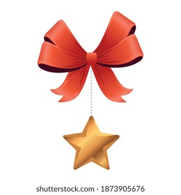 christmas golden star hanging in bow decoration vector illustration design