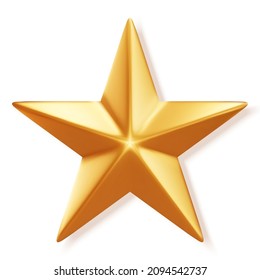 Christmas Golden Star Isolated on White Background. Rating Star 3d Shape. Vector Illustration. Realistic Metal Trophy Icon.