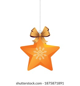 christmas golden star and ribbon bow hanging decoration icon vector illustration design