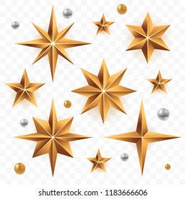 Christmas golden stars set isolated on transparent background. Gold stars of different forms with silver beads. Xmas decoration element for your design. Vector eps 10.