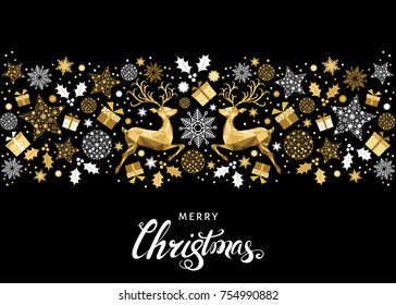 Christmas golden  tree decoration. Happy New Year background. Gold Xmas   reindeer and  lettering. Vector template  for greeting  card.