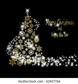 Christmas golden tree made of gold snowflakes with stars on black background. Vector eps10 illustration