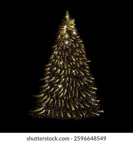 Christmas golden tree made of white dots. Snow needles. Happy New Year . hand drawing. Not AI, Vector illustrations.