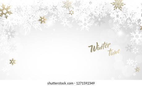 Christmas golden vector background illustration with snowflakes and Winter time text.