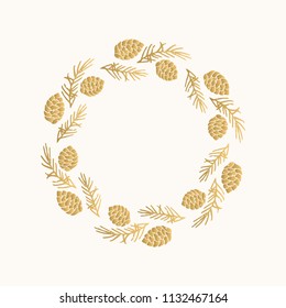 Christmas golden wreath. Hand drawn xmas design.