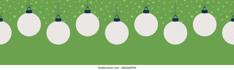 Christmas golf seamless horizontal pattern. Hang on a thread flat cartoon golf as a Christmas ball on green horizontal background. Sport Vector illustration.