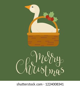 Christmas goose in a basket. Merry Christmas hand lettering. Vector illustration