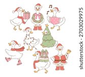 Christmas Goose Collection Vector, Hand Drawn Santa Goose Doodle, Trendy Christmas Animal Design Vector