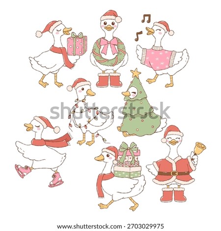 Christmas Goose Collection Vector, Hand Drawn Santa Goose Doodle, Trendy Christmas Animal Design Vector
