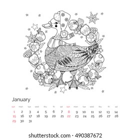 Christmas goose in funny hat doodle with frame apples.Bird zen art relax anti stress coloring book collection.January calendar 2017 page.