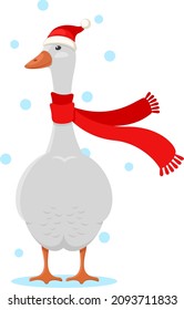 Christmas goose in a hat and scarf. Merry christmas and new year