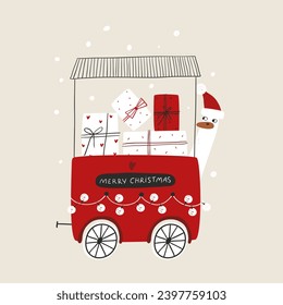 Christmas goose in a hat with a wagon of gifts. Vector illustration for greeting cards, posters, cover, t shirt, bag. Merry Christmas and New Year.