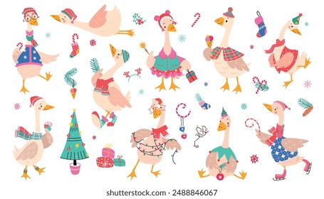 Christmas goose. New year geese wear winter holiday costumes and accessories. Cartoon birds in santa claus and elf hats, nowaday vector clipart