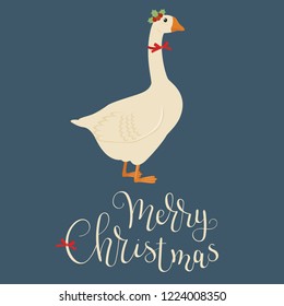 Christmas goose with red bow and holly berry. Merry Christmas hand lettering. Vector illustration