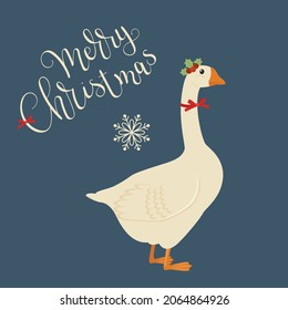 Christmas goose with red bow and holly berry. Merry Christmas hand lettering. Vector illustration