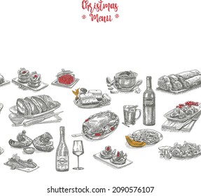 Christmas gourmet seamless horizontal pattern . Sketchy Christmas gourmet seamless background Illustration stock vector. 