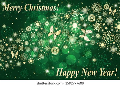 Christmas gradient green card with golden snowflakes, balls, stars and buttrflies. Vector image. Eps 10