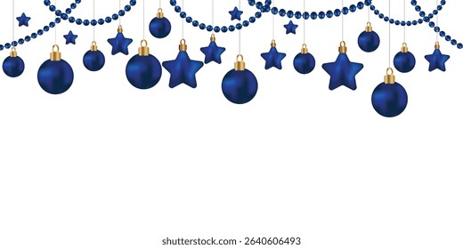 Christmas Gradient Mesh Vector Illustration Greeting card Blue balls stars beads Hanging like garland Isolated transparent background Winter holiday design template Copy space