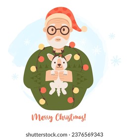 Christmas Grandfather with puppy and garland. Cute elderly man wearing Santa hat. Vector illustration in cartoon style. New Year card with character of positive pensioner .