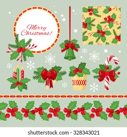 Christmas graphic elements with holly red berries and green leaves for design. Vector illustration