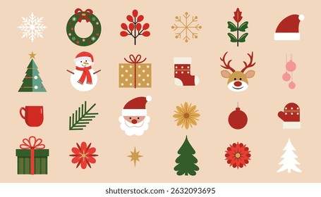 Christmas graphic elements icons set. Holiday seasonal characters and symbols in traditional Christmas colors. 24 isolated vector illustrations.