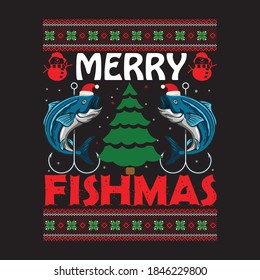 Christmas graphic prints set, fishing t shirt designs for ugly sweater x mas party. Holiday décor with x mas tree, Santa, fishing, gingerbread texts and ornaments. Stock vector background.
