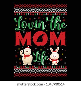 Christmas graphic prints set, mother t shirt designs for mom ugly sweater x mas party. Holiday décor with
 x mas tree, Santa, gingerbread texts and ornaments. Stock vector background.
