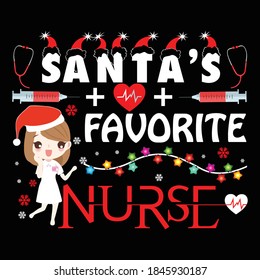 Christmas graphic prints set, nurse Christmas t shirt designs for ugly sweater x mas party. Holiday décor with x mas tree, Santa, nurse,  gingerbread texts and ornaments. Stock vector background.
