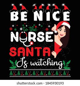 Christmas graphic prints set, nurse Christmas t shirt designs for ugly sweater x mas party. Holiday décor with x mas tree, Santa, nurse,  gingerbread texts and ornaments. Stock vector background.
