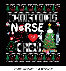 Christmas graphic prints set, nurse Christmas t shirt designs for ugly sweater x mas party. Holiday décor with x mas tree, Santa, nurse,  gingerbread texts and ornaments. Stock vector background.
