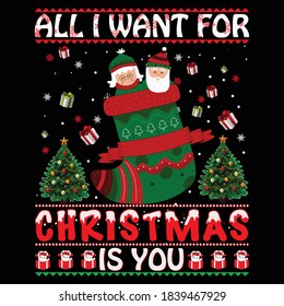 Christmas graphic prints set, t shirt designs for ugly sweater xmas party. Holiday decor with xmas tree, Santa, gingerbread texts and ornaments. Stock vector background