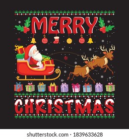 Christmas graphic prints set, t shirt designs for ugly sweater xmas party. Holiday decore with xmas tree, santa, gingerbread texts and ornaments. Stock vector background