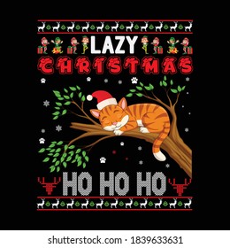 Christmas graphic prints set, t shirt designs for ugly sweater xmas party. Holiday decore with xmas tree, santa, gingerbread texts and ornaments. Stock vector background