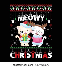 Christmas graphic prints set, t shirt designs for ugly sweater xmas party. Holiday decore with xmas tree, santa, gingerbread texts and ornaments. Stock vector background