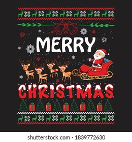 Christmas graphic prints set, t shirt designs for ugly sweater xmas party. Holiday decore with xmas tree, santa, gingerbread texts and ornaments. Stock vector background