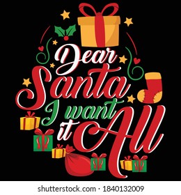 Christmas graphic prints set, t shirt designs for ugly sweater x mas party. Holiday décor with x mas tree, Santa, gingerbread texts and ornaments. Stock vector background.