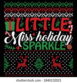 Christmas graphic prints set, t shirt designs for ugly sweater x mas party. Holiday décor with x mas tree, Santa, gingerbread texts and ornaments. Stock vector background.