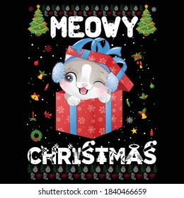 Christmas graphic prints set, t shirt designs for ugly sweater x mas party. Holiday décor with x mas tree, Santa, gingerbread texts and ornaments. Stock vector background.