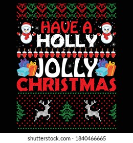 Christmas graphic prints set, t shirt designs for ugly sweater x mas party. Holiday décor with x mas tree, Santa, gingerbread texts and ornaments. Stock vector background.