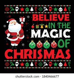 Christmas graphic prints set, t shirt designs for ugly sweater x mas party. Holiday décor with x mas tree, Santa, gingerbread texts and ornaments. Stock vector background.