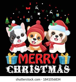 Christmas graphic prints set, t shirt designs for ugly sweater x mas party. Holiday décor with x mas tree, Santa, gingerbread texts and ornaments. Stock vector background.
